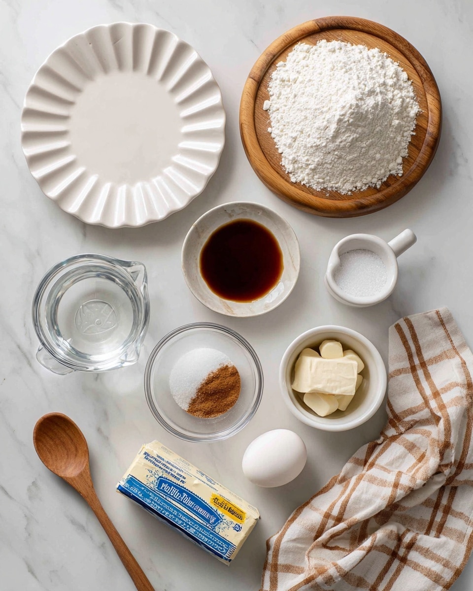 The image shows a top view of baking ingredients neatly arranged on a white marbled surface. Starting from the top left corner, there is a white fluted plate. Near the top right is a wooden spiral board. Below the plate, a white measuring cup holds white flour, and to its right is a small white bowl with dark brown vanilla extract. Further right, a clear glass measuring cup contains water. In the center is a single white egg. Below the egg, a clear glass bowl holds white sugar with a brown spice sprinkled on top. To the right of this bowl, a small white bowl holds what appears to be salt. Below these is a wrapped stick of unsalted butter with blue and yellow packaging. In the bottom right corner lies a wooden spoon and a light brown and white checkered cloth draped loosely on the surface. photo taken with an iphone --ar 4:5 --v 7
