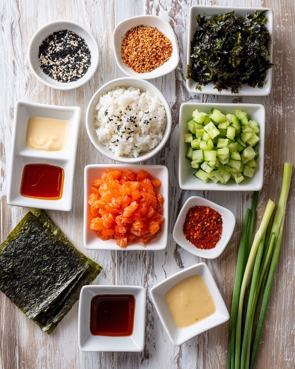 The image shows several small white bowls and square dishes arranged neatly on a wooden background with a white marbled texture. There is a bowl with sushi rice in the center, surrounded by bowls containing bright orange diced salmon, green diced cucumber, and orange diced carrot. A small dish holds a mix of black and white sesame seeds, while another contains a creamy light yellow sauce. There are also small white dishes filled with a red sauce, a dark brown sauce, and a reddish-orange sauce. One square dish has piles of red pepper flakes, salt, and ground ginger. To the side, there are sheets of dark green seaweed and two stalks of green onions. photo taken with an iphone --ar 4:5 --v 7