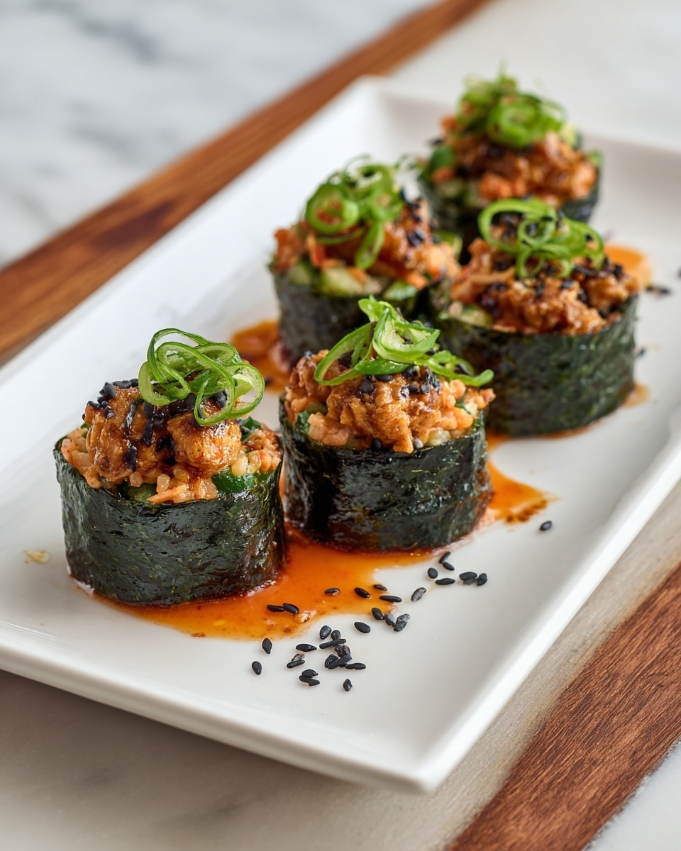 A white rectangular plate holds four seaweed cups, each filled with diced orange, green, and pale yellow vegetables, and small pieces of dark brown grilled meat. The cups are topped with a drizzle of creamy orange sauce and sprinkled with black and white sesame seeds. Around the cups on the plate are scattered small cubes of the same vegetables and rings of green onion. The plate is placed on a white marbled surface with a wooden edge visible at the front. photo taken with an iphone --ar 4:5 --v 7