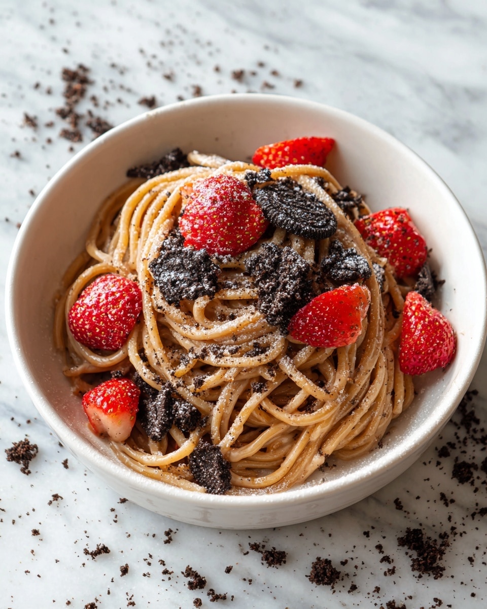 The image shows a white bowl filled with a dessert that looks like chocolate spaghetti. The spaghetti is a light brown color with a soft texture, layered thickly inside the bowl. On top of the spaghetti, there are bright red strawberry pieces scattered evenly, adding pops of color. There are also small dark chocolate cookie crumbs sprinkled across the spaghetti, giving a rough texture and contrasting color. The bowl is placed on a white marbled surface with some cookie crumbs and broken cookie pieces around it. In the background, there is another white bowl with sliced strawberries and a blurred cup. The whole setting has warm, cozy lighting. photo taken with an iphone --ar 4:5 --v 7