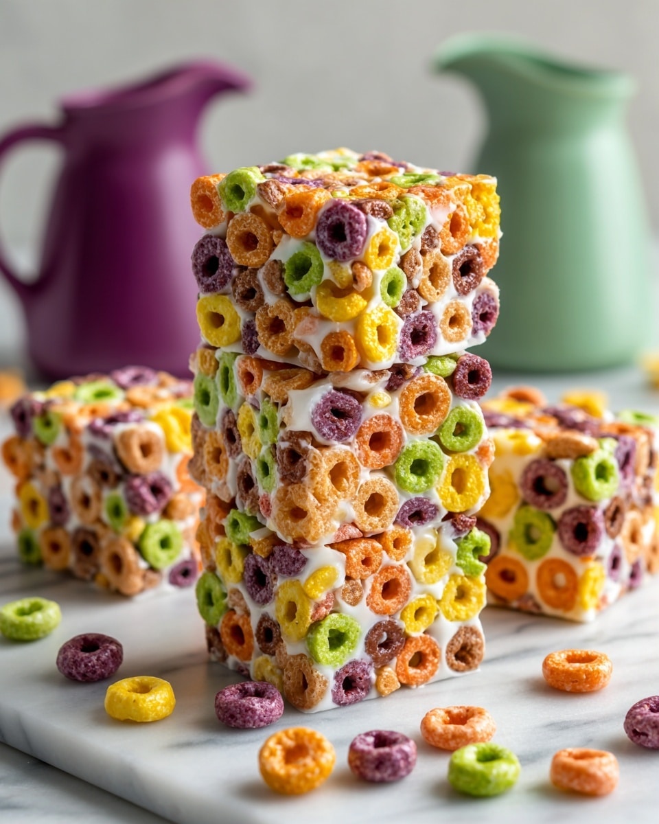 The image shows a stack of four colorful cereal bars made from round, multicolored O-shaped cereal pieces in yellow, orange, pink, green, and brown, held together with a white sticky binder. The stack sits on a white marbled surface, with more loose cereal pieces scattered around. To the left and behind the stack, there are two ceramic pitchers, one turquoise and one purple, lying on their sides blurred in the background. The overall look is bright, cheerful, and inviting, with the cereal bars standing out clearly against the smooth light background. photo taken with an iphone --ar 4:5 --v 7