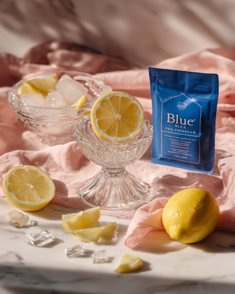 The image shows a clear glass citrus juicer placed on a pink cloth on a white marbled surface. It holds a lemon half which is bright yellow with a textured inside, resting upside down on the juicer’s ridged center. Next to the juicer is a clear glass pitcher partially visible, also on the pink cloth. Nearby, there is a blue packet labeled