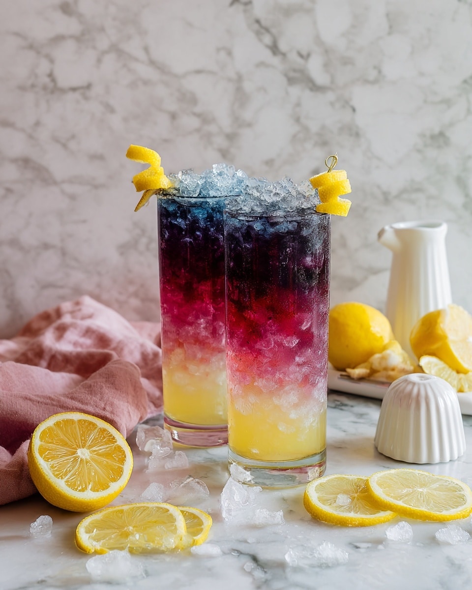 Two tall clear glasses are filled with a three-layered drink placed on a white marbled surface. The bottom layer is light pink with crushed ice, the middle layer is a deeper pink fading into purple, and the top layer is dark blue with bigger ice pieces. Each glass is decorated with a long yellow lemon twist curled on the rim. Around the glasses, there are whole and sliced yellow lemons, loose crushed ice, and a soft pink cloth casually spread out. In the blurred background, a clear glass citrus juicer is partially visible. The photo taken with an iphone --ar 4:5 --v 7