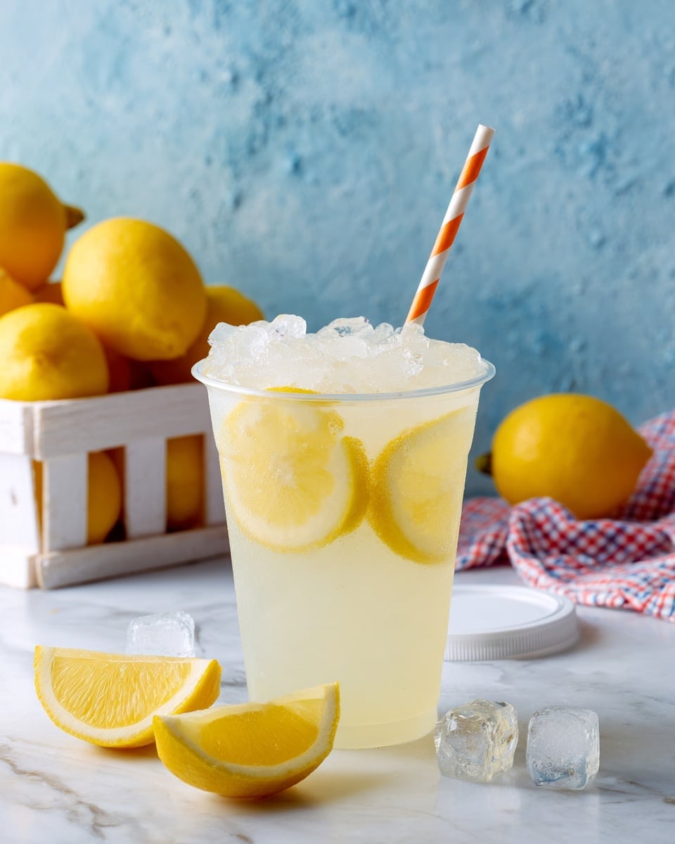 A clear plastic cup filled with light yellow lemonade with small ice cubes inside, showing condensation on the outside. A lemon slice floats near the top, partly submerged. The cup has a white lid placed next to it and an orange and white striped paper straw sticking out. Around the cup are several ice cubes and lemon wedges, with whole bright yellow lemons in the background resting in a white crate. Everything is set on a white marbled surface with a soft blue textured wall behind. A folded blanket with orange, blue, and white stripes lies to the right, adding a cozy touch. Photo taken with an iphone --ar 4:5 --v 7