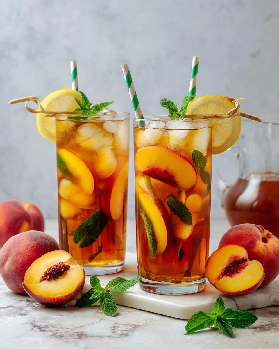 Two tall clear glasses are filled with a light brown peach drink containing visible slices of bright orange peaches and fresh green mint leaves, with ice inside. Each glass is decorated on top with a yellow lemon slice and a peach slice held together with a small wooden pick, and each glass has a green and white striped straw. The glasses sit on a white marbled surface with two whole peaches and one peach cut in half beside them, and there is a bunch of fresh mint leaves behind the glasses along with a clear pitcher. Photo taken with an iphone --ar 4:5 --v 7