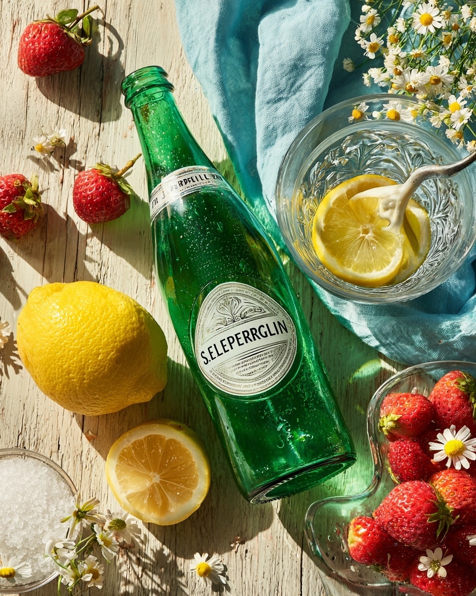 A green glass bottle of S. Pellegrino sparkling water is placed diagonally on a light wooden surface with a sliced yellow lemon beside it. To the right, a clear glass lemon juicer holds half a lemon on top, with a light blue cloth draped underneath. Surrounding the bottle are fresh whole strawberries, some adorned with small white flowers, a small clear bowl of white granulated sugar, and another clear bowl filled with sliced strawberries decorated with a small white flower. The scene is bright and fresh with natural textures. photo taken with an iphone --ar 4:5 --v 7