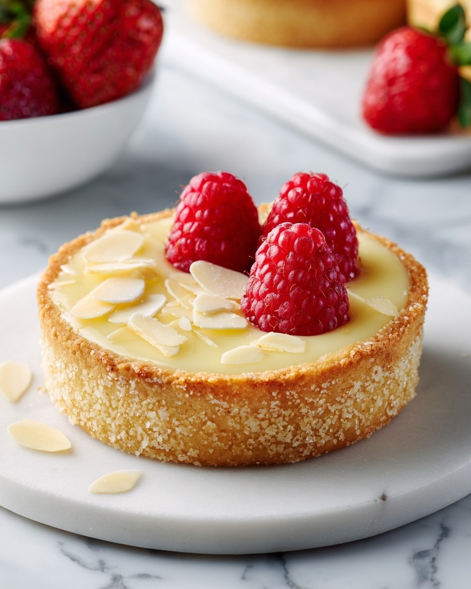A small tart with a thick, golden-brown crust that holds a soft, light yellow filling. On top, there are three bright red raspberry halves placed evenly in a triangle. Around the raspberries, thin pale almond slices are scattered. The tart sits on a stack of two white marble rounds, which are on a white marbled surface. Photo taken with an iphone --ar 4:5 --v 7