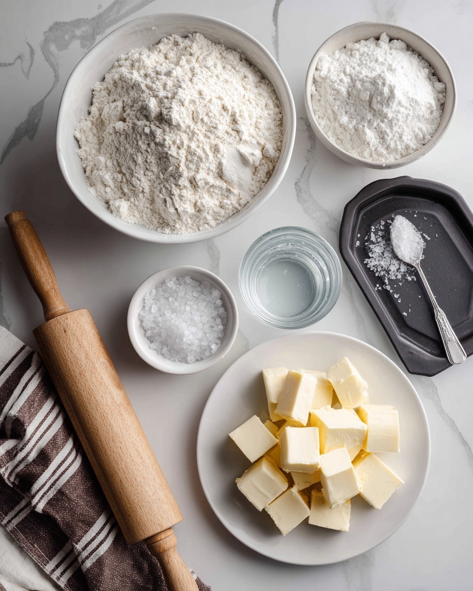 The image shows four bowls on a white marbled surface, each containing an ingredient for baking. The biggest bowl on the top left is filled with plain flour, white and powdery. Below it, a smaller white bowl holds clear cold water. In the middle, a small silver spoon is filled with white salt crystals. On the right, a white plate holds many small cubes of cold butter, pale yellow and firm. There is a wooden rolling pin and a black tart pan partly on a brown and white striped towel to the left side. The photo taken with an iphone --ar 4:5 --v 7
