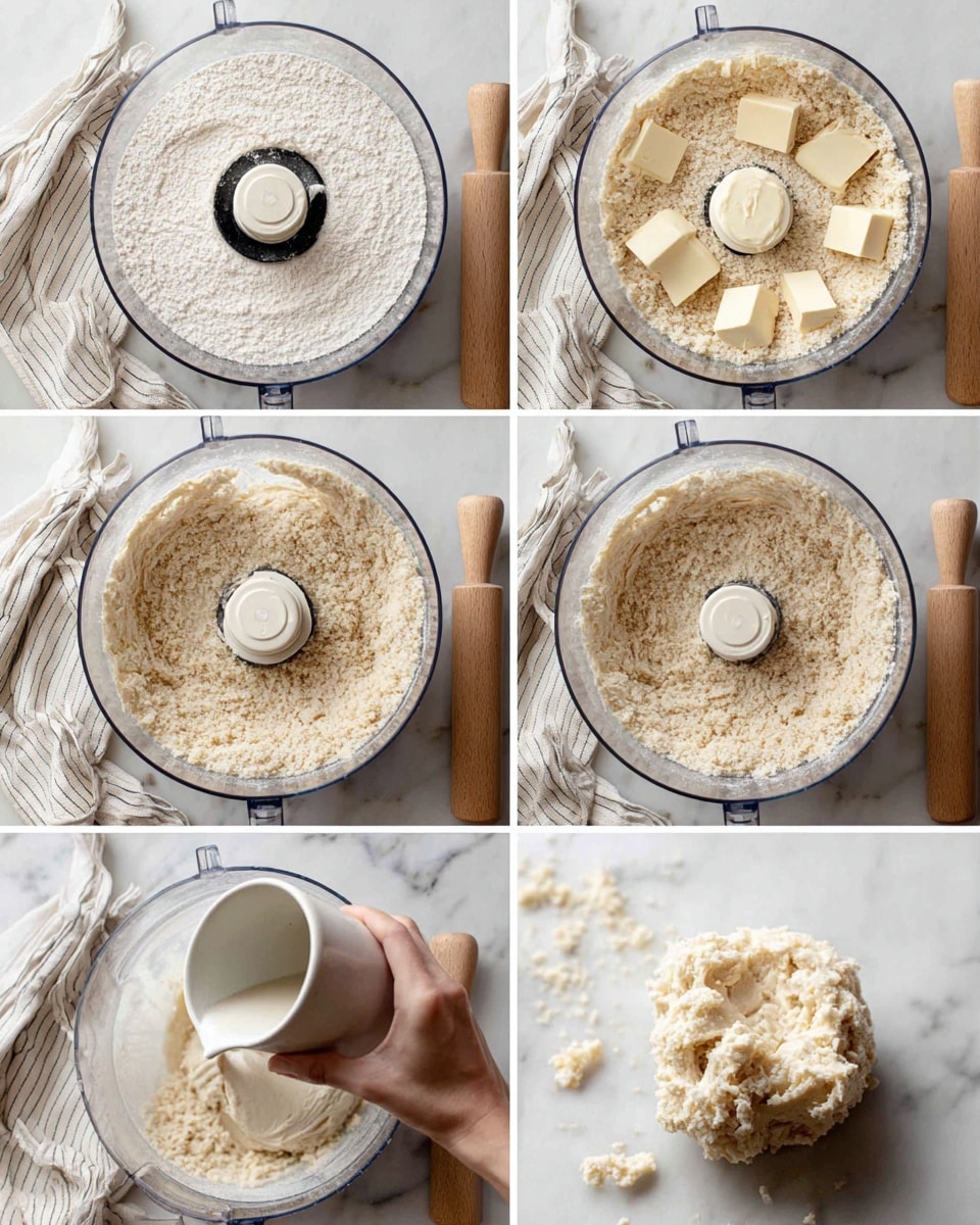 Six images arranged in a 2x3 grid showing stages of mixing dough in a clear food processor bowl on a white marbled surface. Image 1 shows a layer of white flour covering the bowl base evenly. Image 2 adds small cubes of pale yellow butter spread on top of the flour layer. Image 3 shows the mixture blended into a coarse crumbly texture covering the bowl base evenly with light beige color. Image 4 shows a woman's hand pouring clear water from a white cup into the bowl over the beige crumbly mixture. Image 5 shows the dough inside the bowl clumping into a light tan sticky ball around the central blade. Image 6 is a close-up of the dough ball, placed just outside the bowl on the white marbled surface, showing a soft crumbly texture. A wooden rolling pin and a beige cloth with white stripes are partially visible beside the bowl in most images. photo taken with an iphone --ar 4:5 --v 7