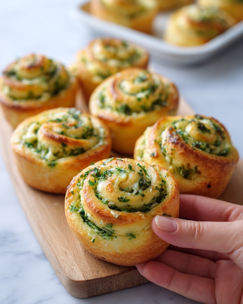 A close-up view of six round savory rolls stacked on a wooden board with a white marbled surface visible in the background. Each roll has three to four visible layers, starting with a golden-brown outer crust that is smooth and shiny. Inside, light yellow dough spirals tightly with bright green chopped herbs layered evenly throughout, creating a swirled pattern with fresh green bits scattered. The rolls have a soft, fluffy texture around the edges and a slightly crisp outer layer. Photo taken with an iphone --ar 4:5 --v 7
