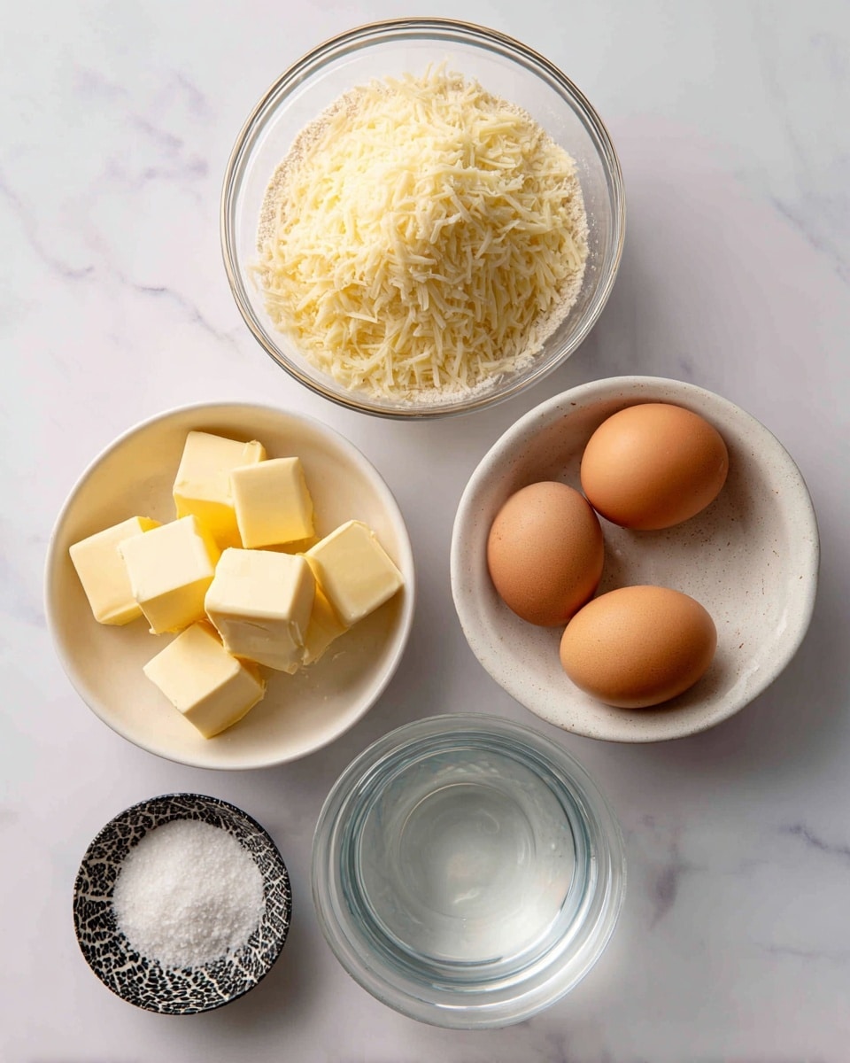 The image shows six ingredients arranged on a white marbled surface. At the top center is a clear glass bowl filled with a mound of finely shredded pale yellow gruyere cheese. To the left, a white bowl holds light beige flour with a slightly coarse texture. Below it, another white bowl contains several cubes of bright yellow butter. To the right of the cheese, two brown eggs rest side by side directly on the surface. Below the eggs, a small white bowl with a black crackle pattern contains a small pile of white salt. Finally, at the bottom centered is a clear bowl filled with clear water, visible with light reflections. Each ingredient is spaced neatly and labeled with bold black text. Photo taken with an iphone --ar 4:5 --v 7
