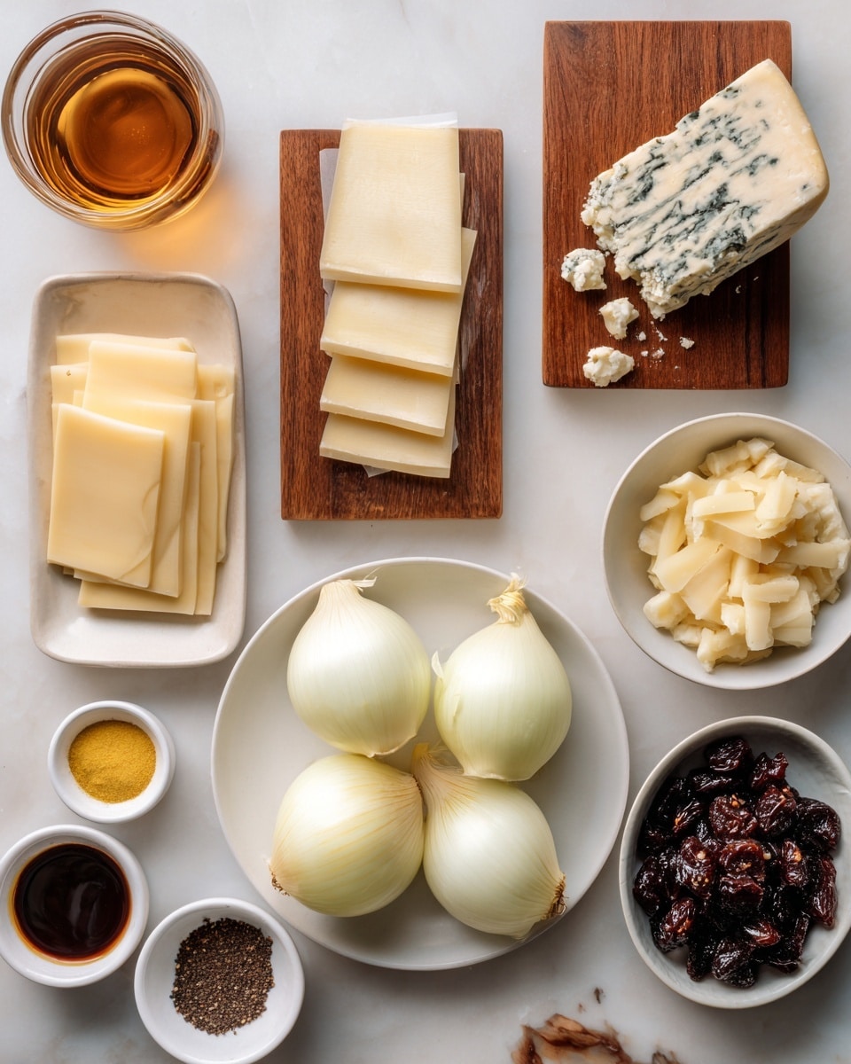 The image shows various ingredients neatly arranged on a white marbled surface. In the top left corner, there is a glass container with light brown sherry, and next to it on the right is a wooden board holding a wedge of light blue-veined cheese with a few small pieces broken off. Below this, another wooden board holds several pale cream rectangular sheets of puff pastry. To the right, a white plate holds three yellow onions with their skins on. Below the onions is a white bowl filled with dark dried figs. On the bottom left, there are small white bowls containing mustard with a smooth yellow texture, balsamic vinegar with a dark brown liquid, black pepper with coarse black specks, kosher salt which is white and fine, unsalted butter in pale yellow, and fig preserves showing a dark red-brown chunky texture. photo taken with an iphone --ar 4:5 --v 7