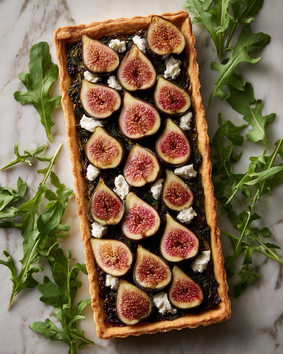 A rectangular tart with a light golden brown crust forms the base layer, filled with a thick, dark greenish spread that looks soft and chunky. On top of this spread, there are about two rows of halved figs, each showing a pinkish-red inside with tiny seeds and a slightly glossy texture. Scattered unevenly over the figs and spread are small, white crumbles of cheese, adding a rough texture. The tart is surrounded by fresh, dark green arugula leaves placed around the edges on a white marbled surface, creating a fresh contrast. Photo taken with an iphone --ar 4:5 --v 7