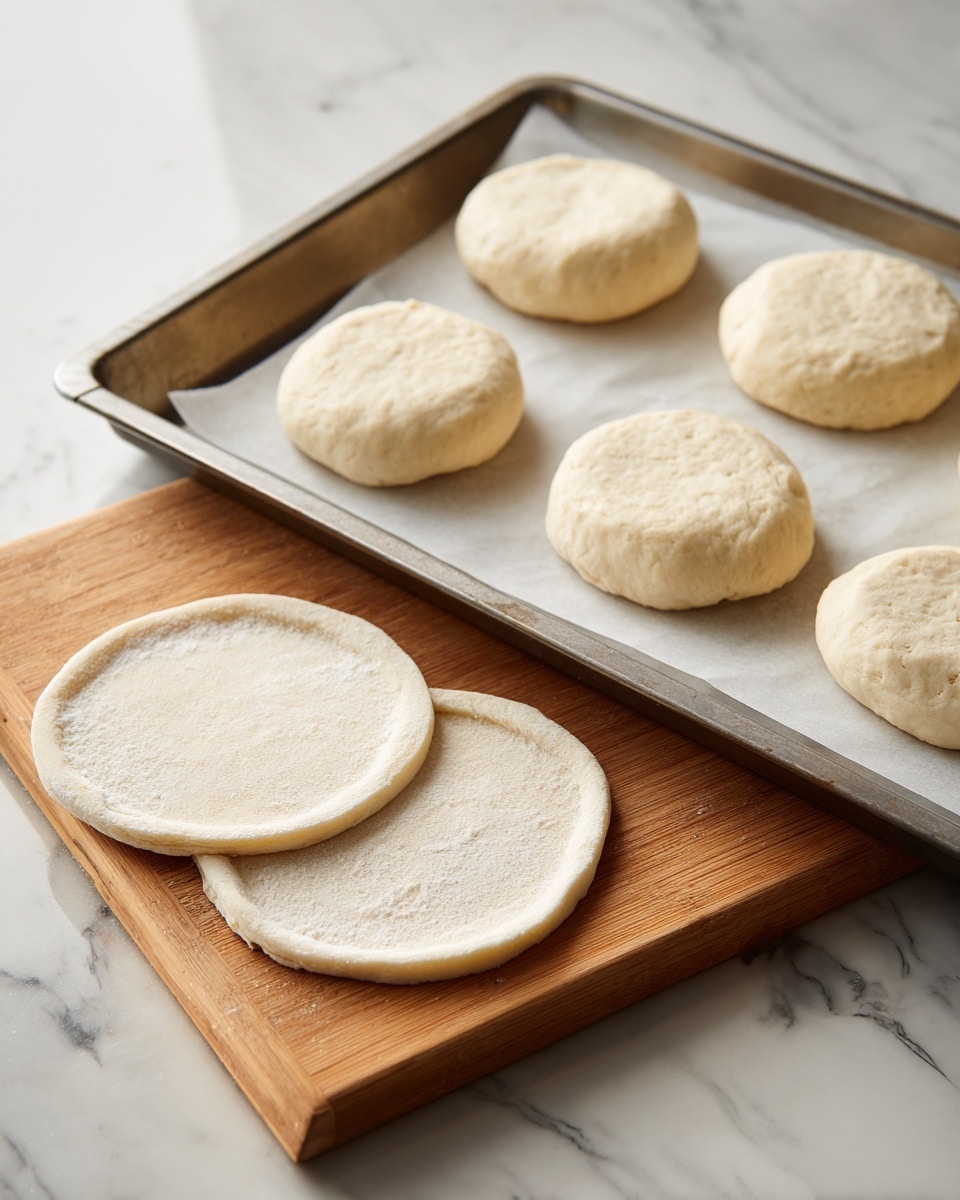 The image shows six round dough pieces with a smooth, pale texture placed on a baking sheet lined with parchment paper, all on a white marbled surface. Below the tray, a wooden cutting board holds rolled dough with circular shapes cut out using a round cutter, which is positioned within one of the cut pieces. The dough circles are evenly spaced and have a light beige color, displaying a soft and slightly puffy texture. The scene focuses on the preparation stage of the dough, highlighting the clean cuts and softness of the dough. photo taken with an iphone --ar 4:5 --v 7