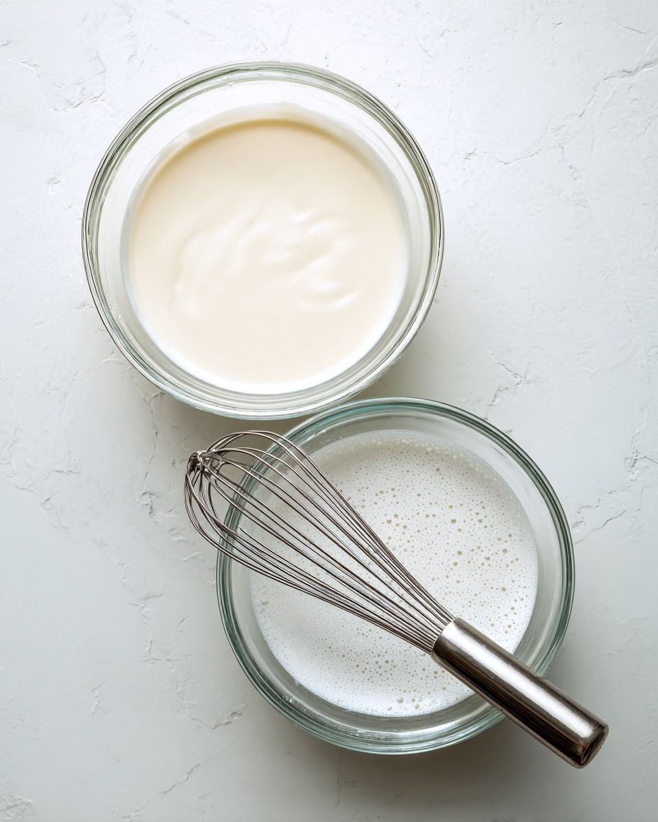 The image shows two clear glass bowls on a white marbled surface. The top bowl contains a smooth, creamy white liquid layer that fills about half of the bowl. The bottom bowl holds a light, frothy white mixture with small bubbles on the surface, and a shiny metal whisk rests inside it, angled to the right. The bowls are placed in a vertical arrangement, with the top bowl slightly smaller than the bottom one. Photo taken with an iphone --ar 4:5 --v 7