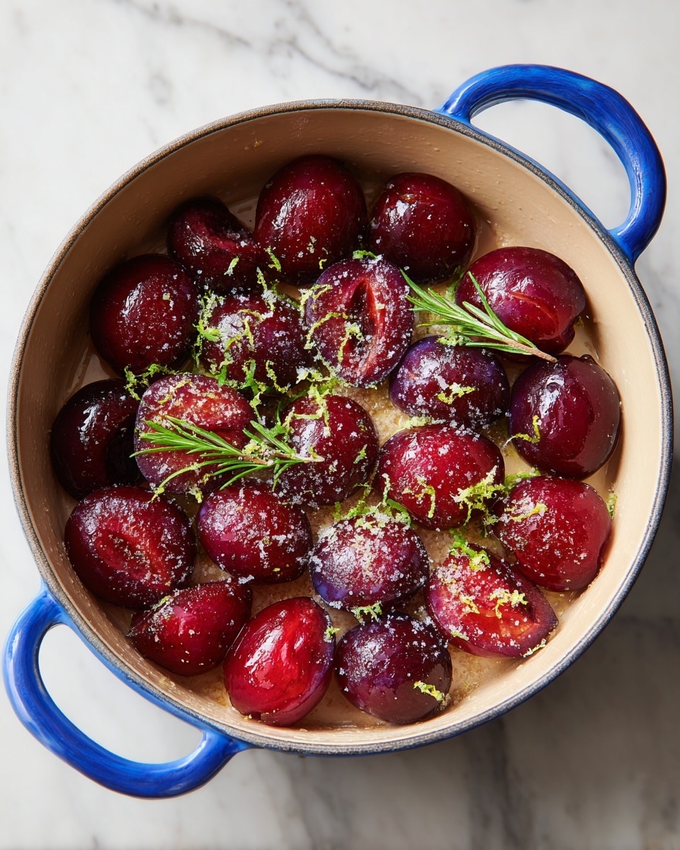 A round blue pot with a beige inside holds a single layer of dark red, halved plums arranged in a circle, some overlapping; the plums are sprinkled with granulated sugar and small green herb leaves, possibly rosemary, with hints of orange zest scattered on top. The pot is placed on a white marbled surface. photo taken with an iphone --ar 4:5 --v 7