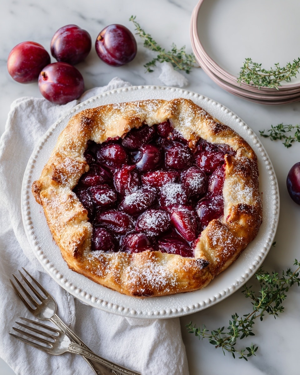 A round galette with a thick, golden-brown crust folded over dark red plum filling in the center, lightly dusted with powdered sugar, placed on a white plate with small bead-like details on the edge. The plate sits on a white marbled surface next to three whole red plums, a folded white cloth, several small silver forks, a large cake server, and some green herb sprigs. In the bottom area, there is a white plate stacked on a slightly larger pink-rimmed plate. Photo taken with an iphone --ar 4:5 --v 7