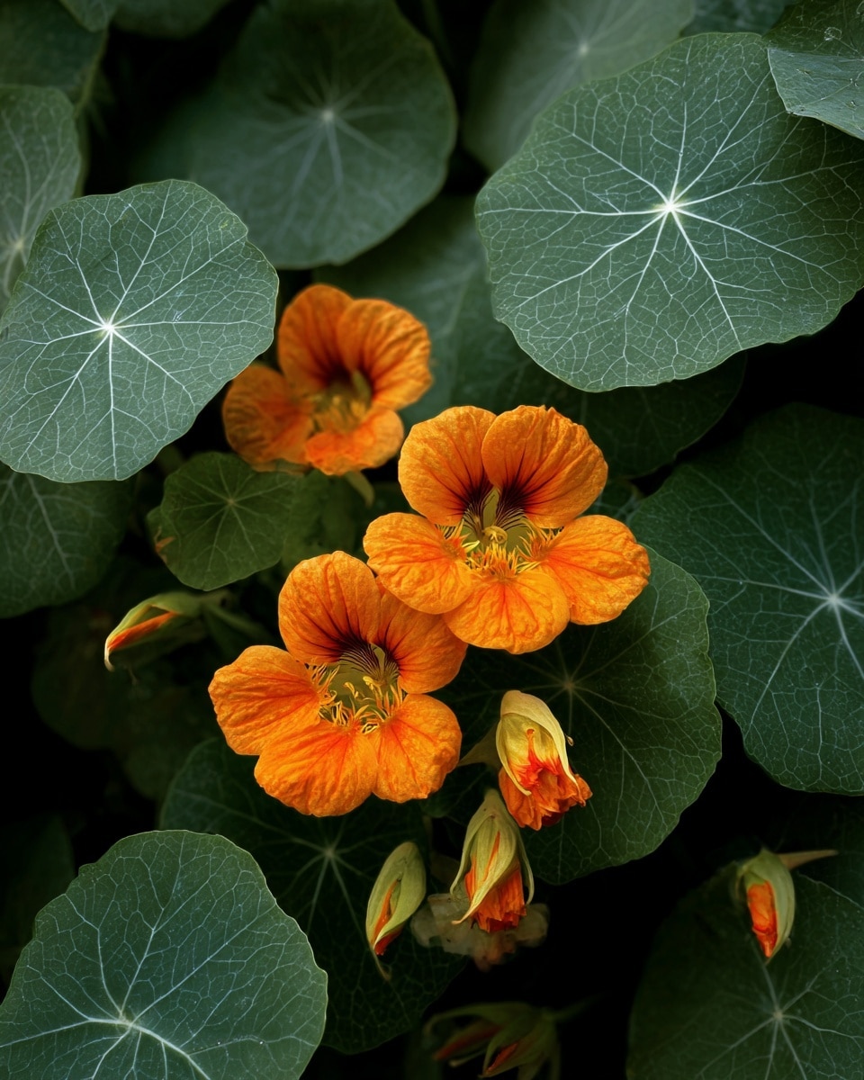 The image shows bright orange edible flowers with soft, crinkled petals and yellow centers, surrounded by many large green round leaves with visible pale veins. The flowers sit in the middle of the leafy plant, with some unopened buds showing a mix of orange and yellow colors. The leaves are smooth with a slightly glossy texture, radiating veins, and a round shape. All elements rest against a dark, natural background, highlighting the vivid colors of the flowers and leaves. photo taken with an iphone --ar 4:5 --v 7