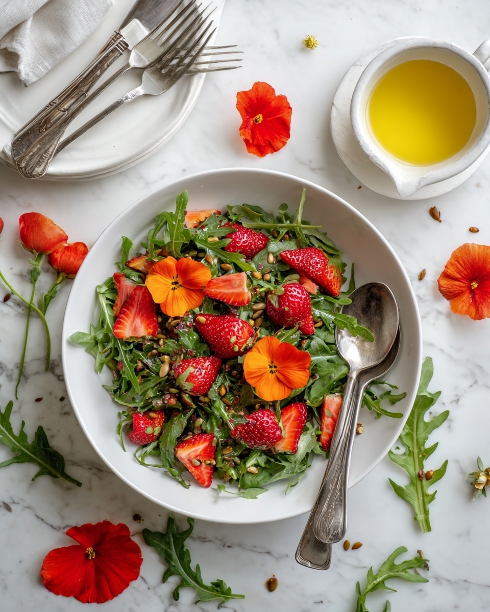 A white bowl filled with a fresh salad made of green arugula leaves and bright red strawberry slices scattered throughout. On top, there are vibrant orange and red edible flowers placed decoratively, along with some small green leaves and sprinkled seeds adding texture. Two shiny silver forks rest inside the bowl on the right side. Around the bowl, bright green leaves and red flowers are spread on a white marbled surface. At the top right, there is a small white bowl with a shiny golden-yellow dressing and a spoon inside. In the top left corner, a woman's hand holds a white plate with a yellow pattern and a fork on top. photo taken with an iphone --ar 4:5 --v 7