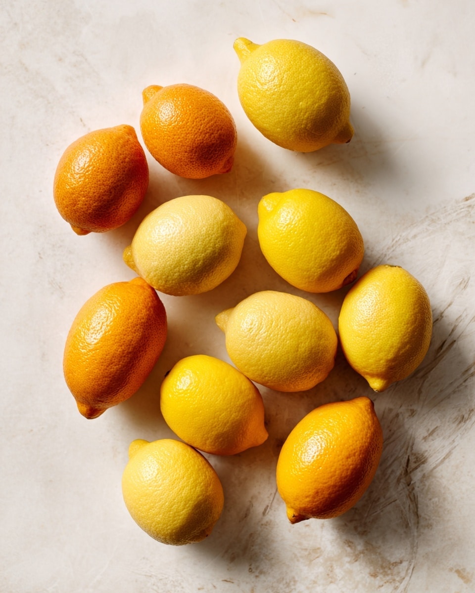 The image shows a collection of lemons scattered on a white marbled surface. There are two types of lemons: a deeper orange-yellow variety and a brighter yellow one. The lemons are placed randomly, with some closer together and others spaced apart, showing their textured, slightly bumpy skins with natural shine and light reflections. The background has a soft mix of white and very light gray brush strokes that give a subtle artistic look to the scene. Photo taken with an iphone --ar 4:5 --v 7