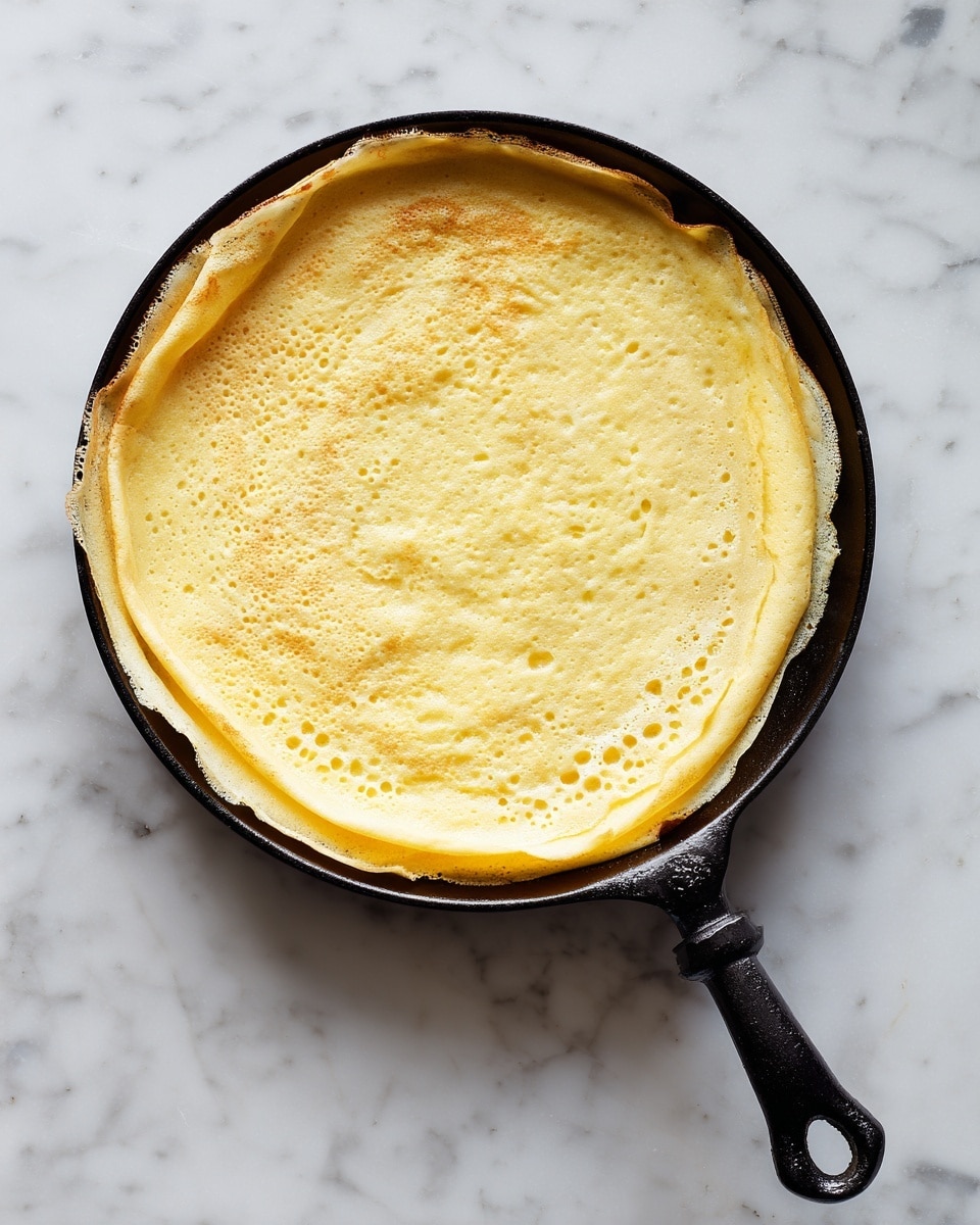 A thin, round crepe with a light yellow color and smooth texture fills a black cast iron pan that has a long handle. The crepe edges are slightly raised and uneven, showing softness and some bubbles near the sides. The pan sits on a white marbled surface that adds a clean, bright background to the scene. photo taken with an iphone --ar 4:5 --v 7