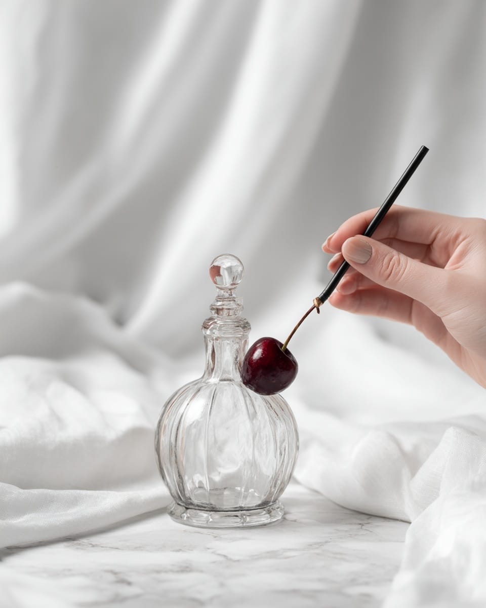 A clear glass bottle with a white stopper attached by a metal clasp stands on a white marbled surface, with white fabric softly spread behind it. A woman's hand holds a black straw that goes through a shiny dark red cherry, which rests on the bottle’s opening. The background is plain white with gentle folds in the fabric, giving a clean and simple look photo taken with an iphone --ar 4:5 --v 7