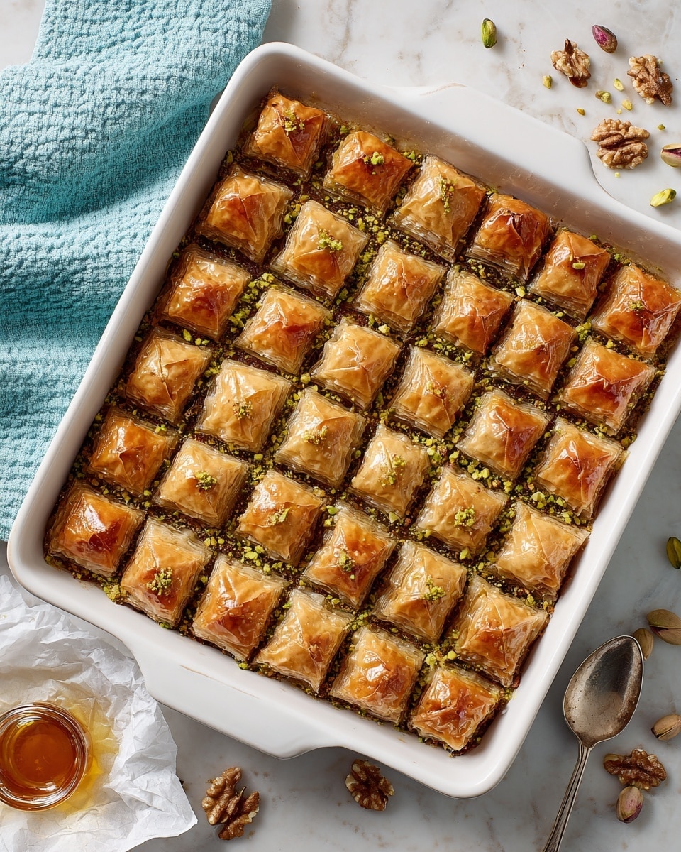The image shows a white square baking dish filled with 25 golden brown baklava pieces arranged in a 5x5 pattern. Each piece has a shiny, flaky top layer that looks crispy and slightly layered. The baklava is sitting on a white marbled surface with a few scattered walnuts, pistachios, and honey drops nearby. A small silver spoon with some honey is placed on wax paper next to the dish. A blue textured cloth and a white cloth are partially visible at the top of the image. Photo taken with an iphone --ar 4:5 --v 7