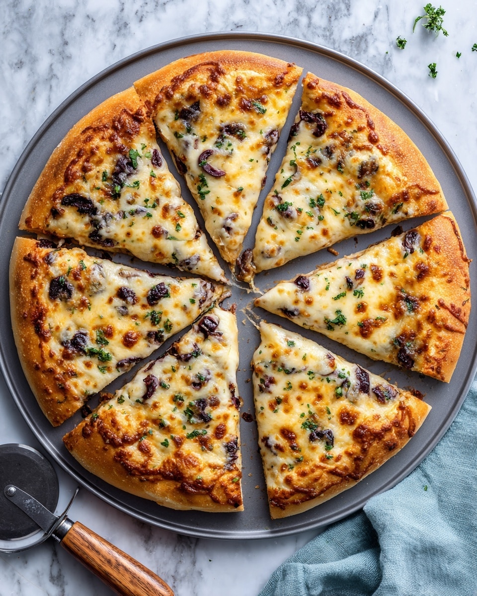 A thin pizza is placed on a dark gray pan against a white marbled texture. The pizza is cut into eight slices with a golden-browned crust around the edges. The first layer is white melted cheese that spreads evenly across the surface with slight browning. Scattered on top are small dark purple olives and thin pieces of green herbs, adding texture and color contrast. One slice is slightly separated from the rest, showing the thin crust base clearly. A silver pizza cutter with a wooden handle rests on a light blue cloth near the pan. photo taken with an iphone --ar 4:5 --v 7
