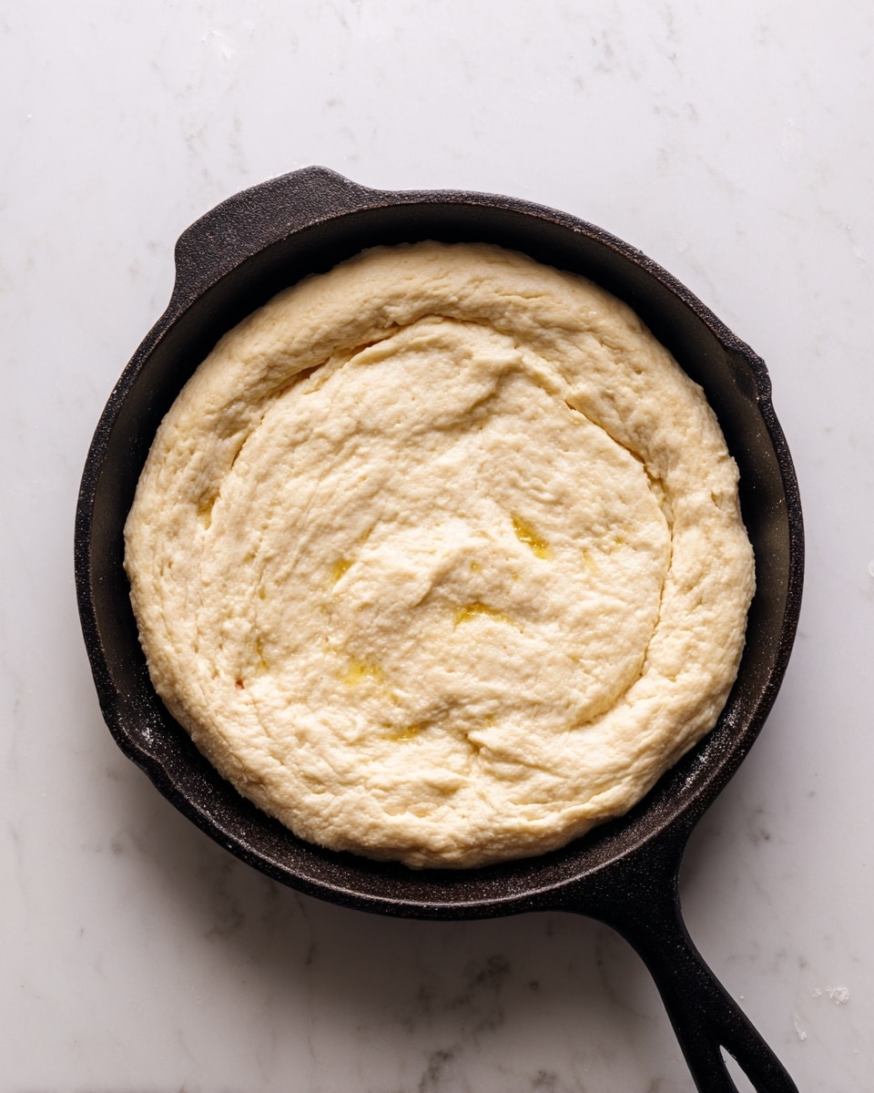 A single layer of pale, uncooked dough covers the bottom of a round cast iron pan. The dough is smooth but shows faint folds and creases, with slight variations in texture and a faint yellow spot on the right side. The cast iron pan has a dark, rough surface and a handle extending downward. The pan sits on a white marbled surface. photo taken with an iphone --ar 4:5 --v 7