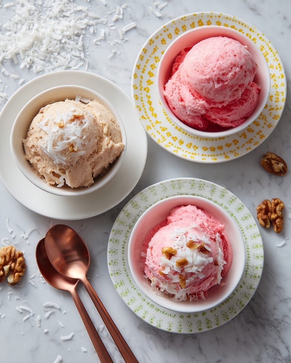 Three white bowls each hold a scoop of ice cream placed on white plates with different dotted patterns; the top bowl contains pink ice cream with shredded coconut on top, sitting on a white plate with yellow dots; the bottom right bowl has pink ice cream with shredded coconut and walnut pieces on one side, served on a white plate with green dots inside another plain white plate; the bottom left bowl holds brown ice cream topped with shredded coconut, set on a plain white plate with a detailed border. Two metallic golden spoons lay next to the plates, one near the brown ice cream and the other near the pink ice cream on top. The background has a white marbled texture with scattered shredded coconut around. photo taken with an iphone --ar 4:5 --v 7