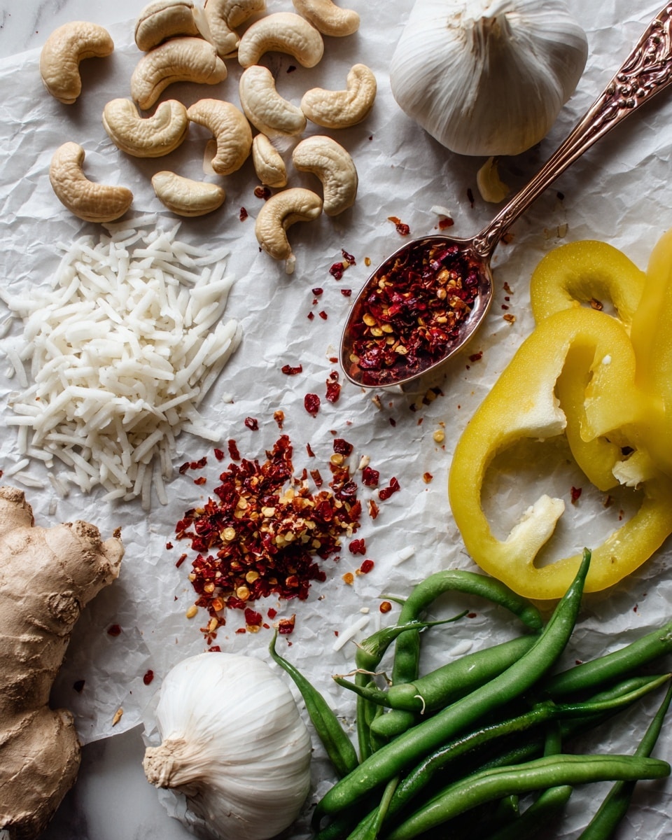 The image shows an arrangement of fresh ingredients on crinkled white paper over a white marbled surface. There are scattered light brown cashew nuts on the top left, a small pile of white shredded coconut near the center, and a rose gold spoon filled with red chili flakes on the top right with some flakes spilled around it. Below the cashews is a piece of ginger with rough, light brown skin next to a whole white garlic bulb. Bright yellow bell pepper slices are placed on the right side, some whole and some broken. At the bottom center, there are fresh green beans spread loosely. The colors are warm and fresh, with a mix of natural textures and scattered chili flakes adding detail photo taken with an iphone --ar 4:5 --v 7