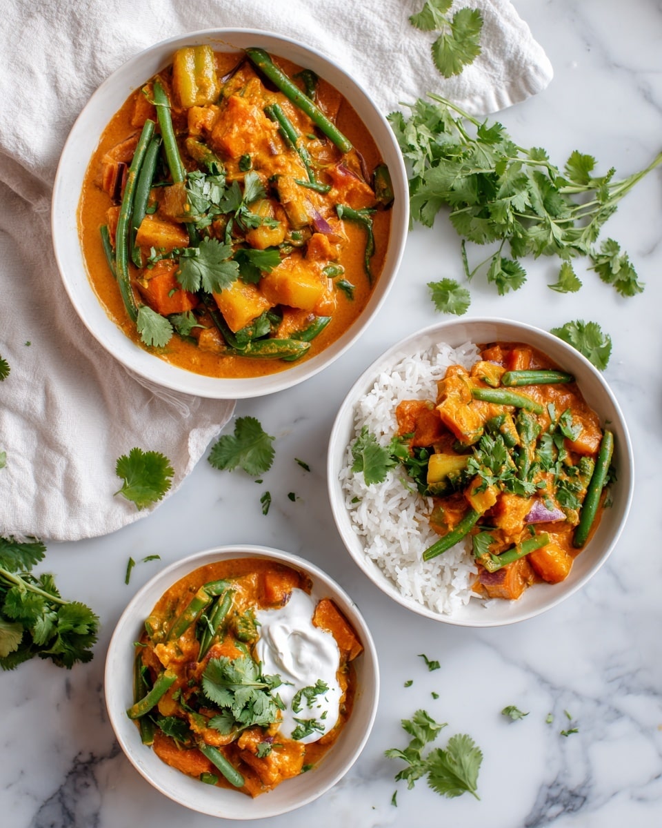 The image shows three white bowls on a white marbled surface, two filled with an orange curry soup containing green beans, diced red tomatoes, and pieces of yellow squash or pumpkin, garnished with green cilantro leaves. The largest bowl at the top left is filled only with the curry. Below it, a smaller bowl is filled with the curry topped with a dollop of white yogurt and cilantro. To the right, another small bowl contains white rice topped with some of the curry and garnished with cilantro. A white cloth is partially visible behind the largest bowl. photo taken with an iphone --ar 4:5 --v 7