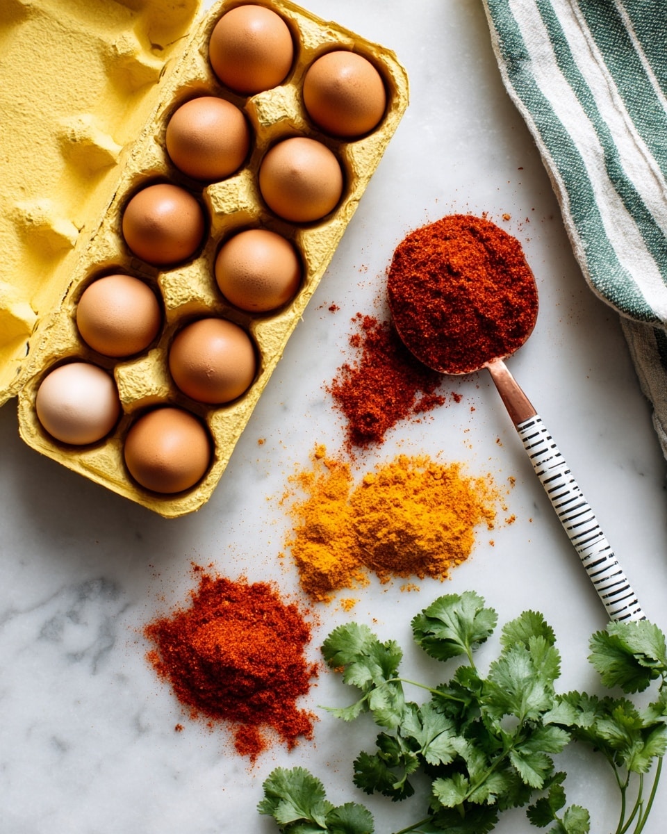 The image shows a yellow egg carton with seven brown eggs in the top left corner on a white marbled surface. Below and slightly to the right are three piles of spices in bright red, orange, and yellow colors spread directly on the white marbled background. A white and black striped spoon with a copper scoop rests on the surface, filled with reddish spice powder. On the right side of the image, there are scattered fresh green cilantro leaves. A green and white striped cloth is partially visible at the top right corner. Photo taken with an iphone --ar 4:5 --v 7