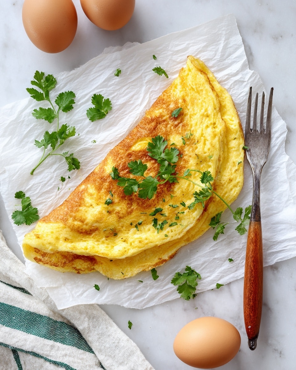 A rolled omelette sits on a piece of translucent white parchment paper placed on a white marbled surface. The omelette has a golden yellow color with a slightly browned edge visible on the left side. Fresh green cilantro leaves are scattered on top and around the omelette. Above the omelette, there is a wooden fork with a smooth handle pointing towards the top right. Below the parchment paper, three brown eggs rest on a white cloth with a green and white striped towel partially visible on the left. photo taken with an iphone --ar 4:5 --v 7