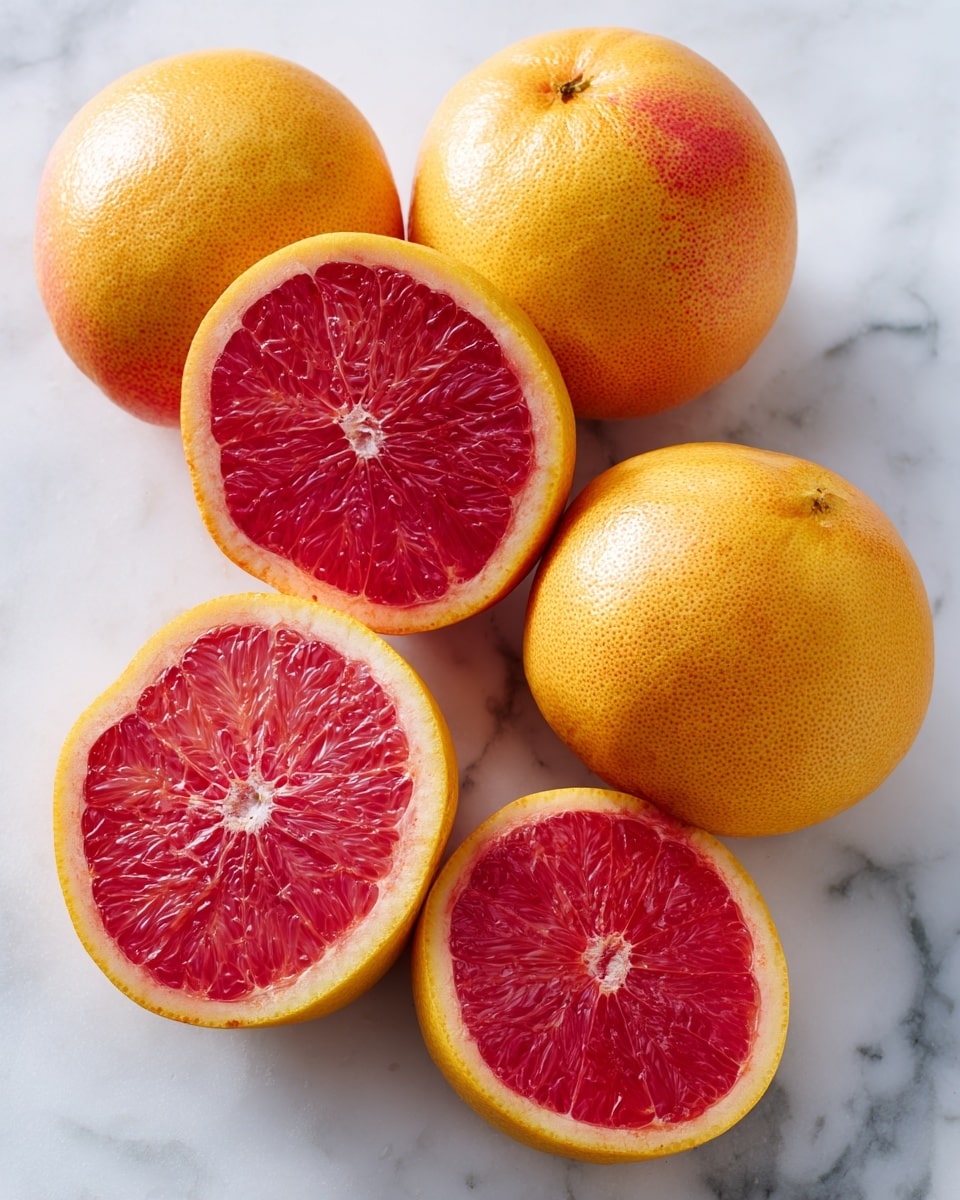 The image shows five large round grapefruits on a white marbled surface. Three whole grapefruits are placed closer together at the top part of the image, showing smooth, yellow-orange skin with some pinkish-red areas and natural texture. Below them, two grapefruit halves are displayed, revealing bright, juicy deep red flesh with a light yellow rind around the edges. The cut surfaces show segment lines and a moist, glossy texture, making the fruit look fresh photo taken with an iphone --ar 4:5 --v 7