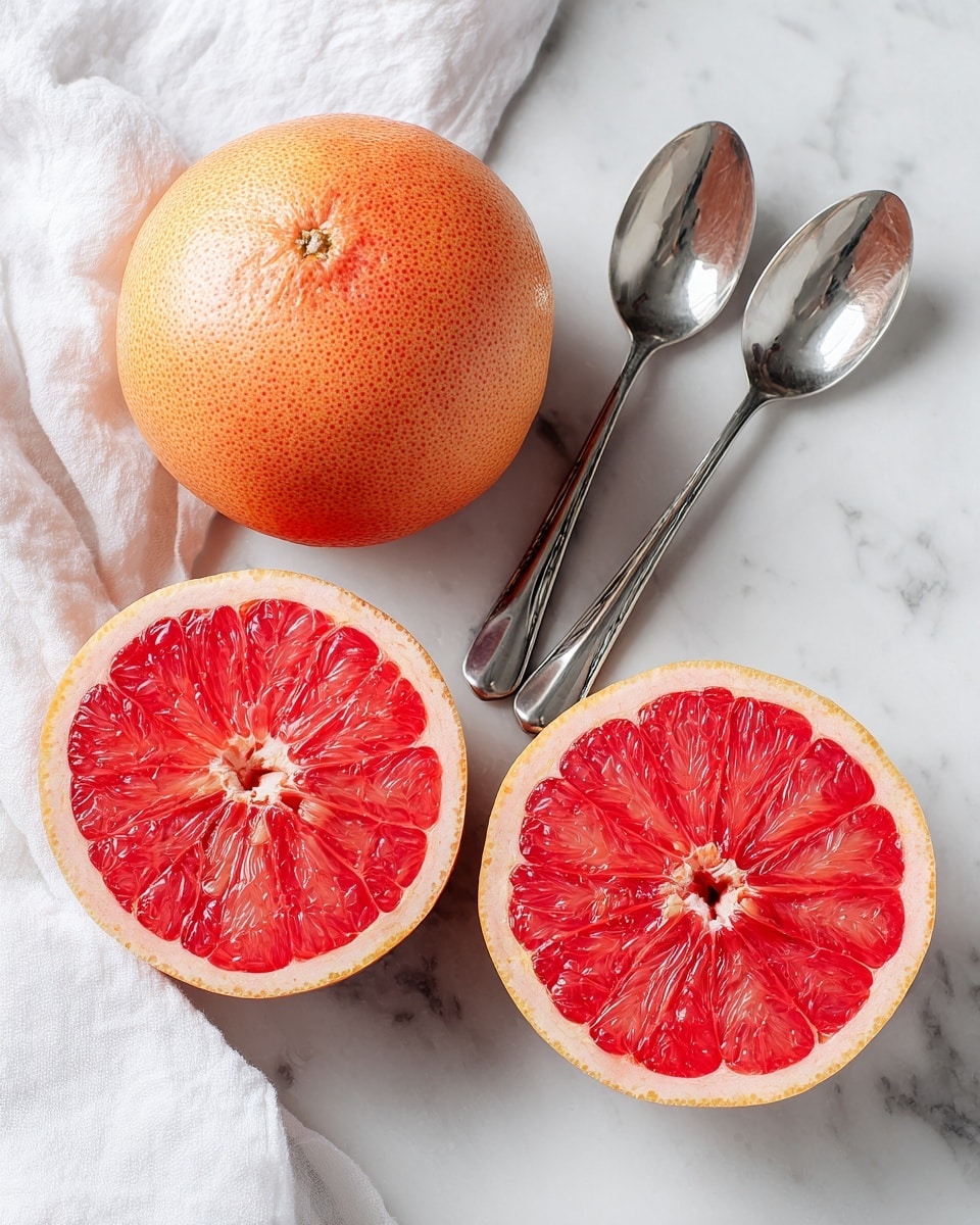 The image shows a whole grapefruit and two grapefruit halves laid out on a white marbled surface. The whole grapefruit is round and orange with a smooth texture, placed near the top right of the frame. Below it are the two grapefruit halves, showing their juicy, bright red-orange inner flesh with detailed segments and a slightly rough rind around them. To the right of the halves, there are two silver spoons lying side by side, reflecting some light. A white cloth is partly visible in the top left corner. Photo taken with an iphone --ar 4:5 --v 7