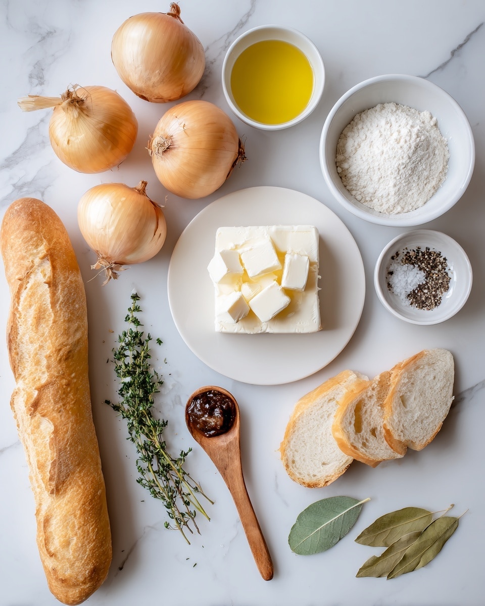 The image shows a flat lay of cooking ingredients on a white marbled surface. There are five round yellow onions of different sizes placed across the top left. On the top right, a small white bowl holds white cubes labeled vegan butter. Below that, a white bowl with a yellow liquid labeled dry wine and next to it, another white bowl with white flour. In the middle left, a white plate holds a round block of vegan cheese. On the middle right, a crusty golden baguette is placed with two sliced pieces on its side. Below, a wooden spoon rests on the surface with dark vegetable paste on it. Near the bottom center, a small bunch of fresh thyme and two bay leaves are laid out, and to the right, a white bowl holds salt and black pepper sprinkled inside. The arrangement is clear and organized, all set on the white marbled texture. photo taken with an iphone --ar 4:5 --v 7