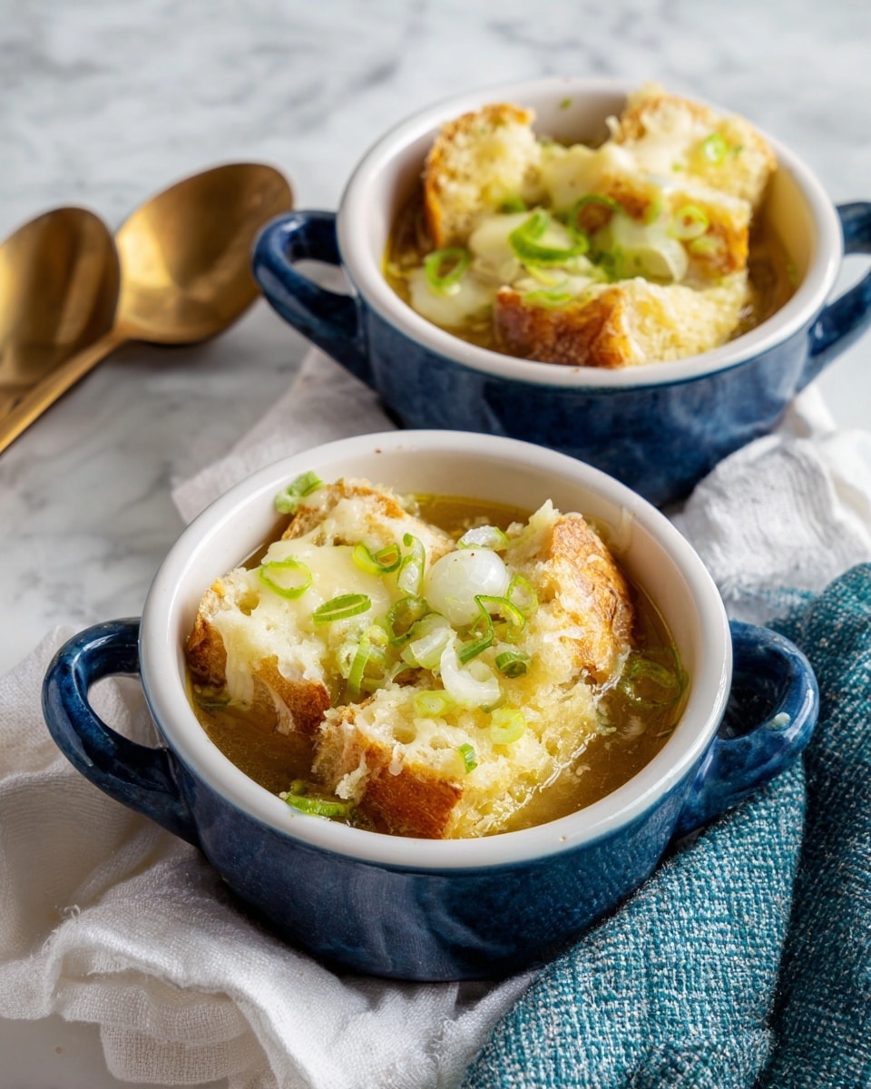 Two small round white bowls with dark blue handles sit on a white marbled surface with a white cloth and light blue cloth near them. Inside each bowl is a soup with a greenish broth base, topped with uneven pieces of light brown bread. On top of the bread is a layer of melted pale yellow cheese, sprinkled with small green onion slices. Two copper spoons rest on the light blue cloth beside the bowls. The scene is softly lit, showing the texture of the melted cheese and bread clearly. Photo taken with an iphone --ar 4:5 --v 7
