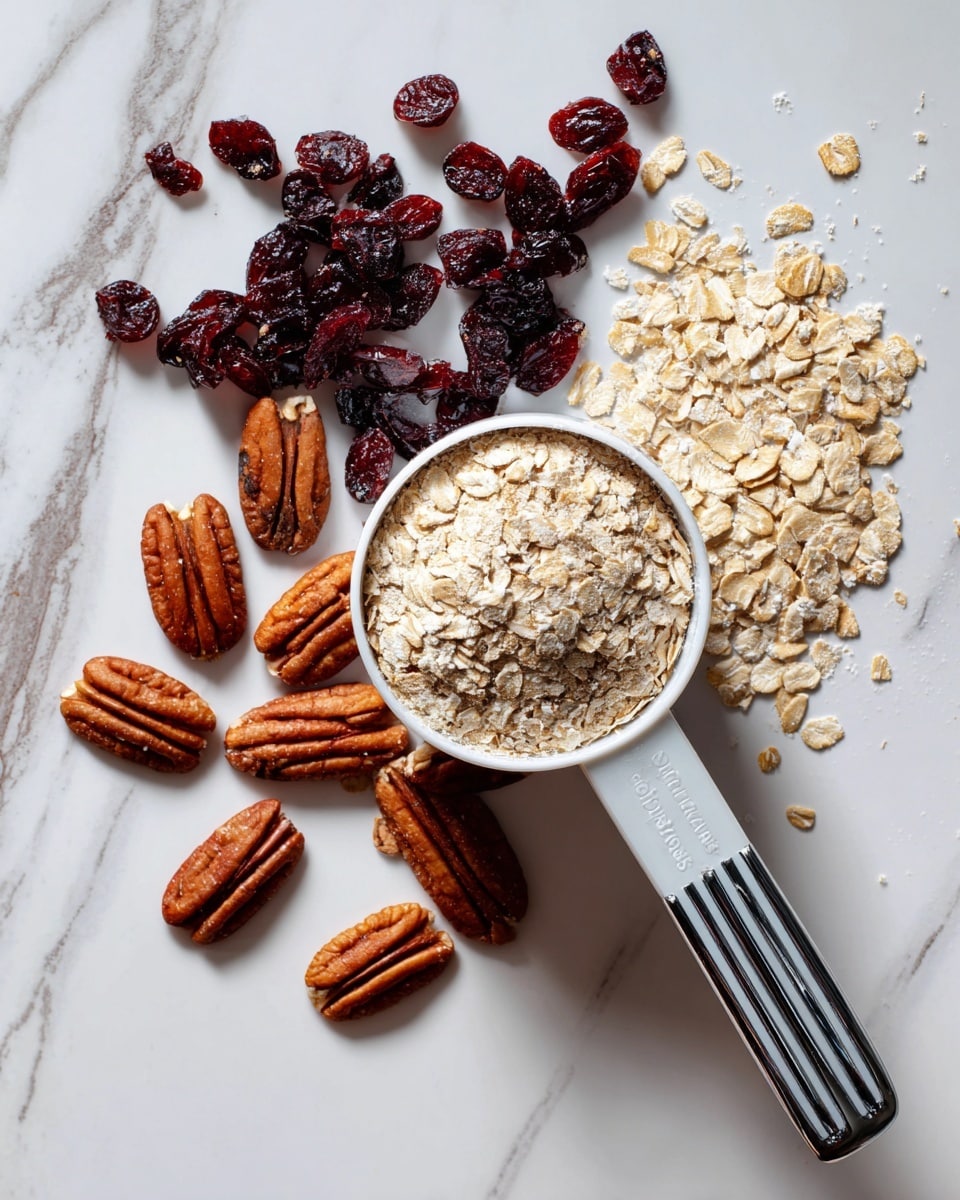 The image shows a white measuring cup filled with light beige rolled oats, positioned slightly to the right on a wrinkled white marbled surface. To the left of the cup, there is a scattered layer of orange-brown pecan nuts with a textured surface, some overlapping and some spaced out. Above the pecans and extending to the upper left side of the image is a spread of dark red dried cranberries with a slightly shiny and wrinkled texture, some grouped closely and others more spread out. On the right side of the cup, there is a small pile of light beige rolled oats scattered loosely on the white marbled surface, adding texture and depth. The handle of the measuring cup is silver with black and white stripes, pointing towards the bottom right corner. Photo taken with an iphone --ar 4:5 --v 7