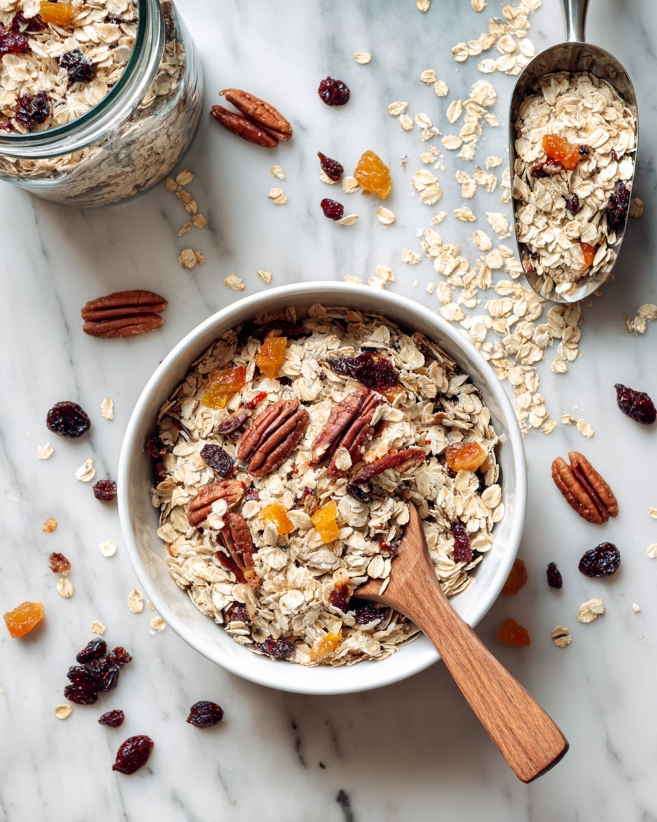 The image shows a white round bowl filled with a mix of oats, dried fruit pieces, and nuts with a wooden spoon resting inside the bowl. Around the bowl, there are scattered oats, dried fruit, and nuts spread across a white marbled surface covered by a translucent sheet. Above the bowl to the left, there is a large glass jar filled with the same mixture, with some oats spilled around it. On the right side, a metal scoop holds oats and nuts, placed on the marbled surface with some pieces falling out. The scene looks natural and slightly messy, focusing on the dry cereal ingredients. Photo taken with an iphone --ar 4:5 --v 7