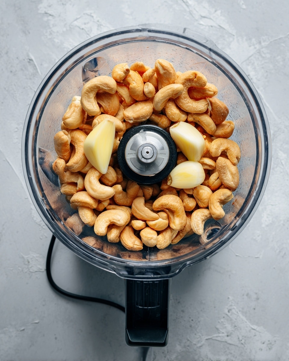 A clear blender bowl is filled with golden brown cashew nuts scattered evenly, with two whole pale yellow garlic cloves placed on top near the center blade, which is silver and black. The blender bowl sits on a gray textured surface that is replaced by a white marbled texture. The black base and cord of the blender extend out from the bowl. Photo taken with an iphone --ar 4:5 --v 7