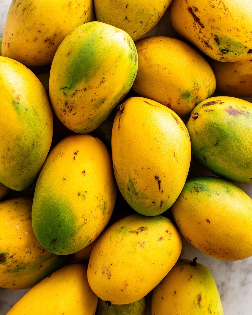 A close-up image showing a large pile of ripe mangoes, each with smooth yellow skin that has some green patches and small brown spots, giving a natural and fresh look. The mangoes are stacked tightly together, filling the entire frame, with varied shapes mostly oval and a bit round, creating a textured and vibrant surface. The background is a white marbled texture. photo taken with an iphone --ar 4:5 --v 7