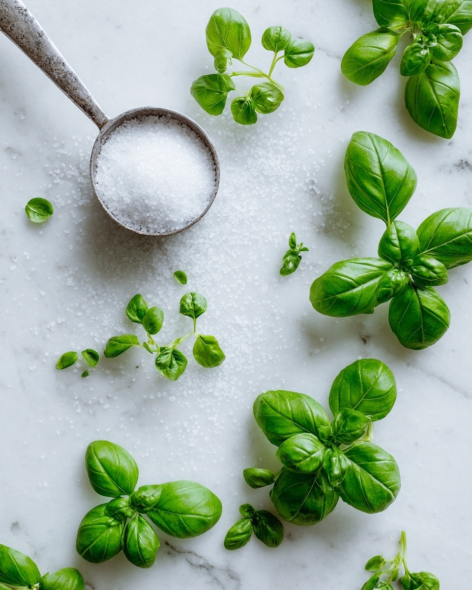 The image shows green basil leaves arranged loosely on a white marbled surface. The leaves vary in size and shape, some attached to small stems while others are single, bright green with a fresh and slightly shiny texture. At the top left, there is a metal measuring cup filled with white granulated salt, and the metal handle points diagonally across the image. The basil and salt are spaced out evenly, creating a simple and clean natural scene. Photo taken with an iphone --ar 4:5 --v 7