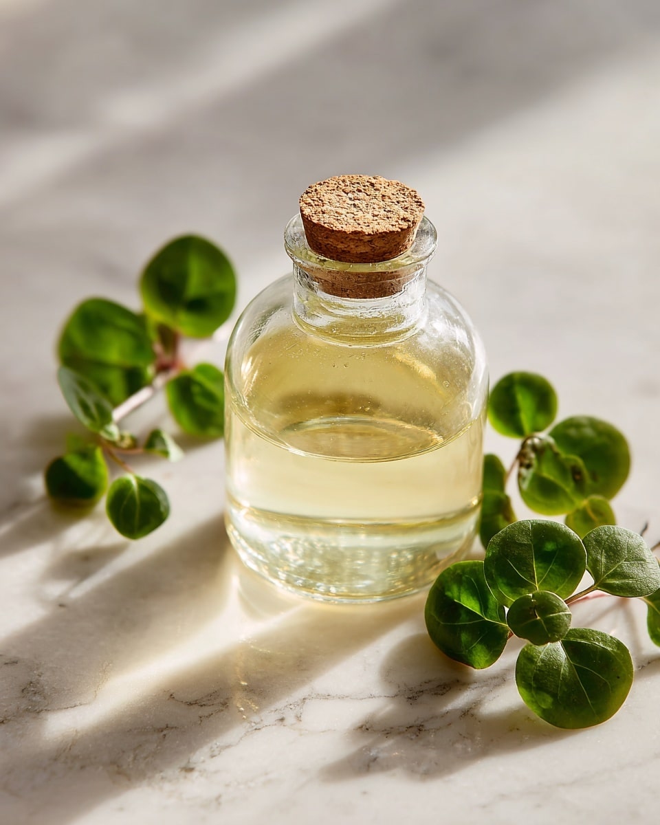 A round clear glass bottle filled with light yellow oil, sealed with a cork top that has a rough texture, sits on a white marbled surface. Surrounding the bottle are fresh green basil leaves with visible veins and stems. The light reflects softly on the bottle, showing smooth glass curves and some water condensation near the neck. photo taken with an iphone --ar 4:5 --v 7