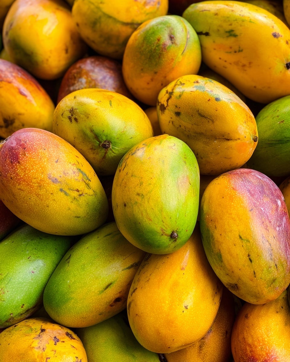 A close-up view shows a large pile of ripe mangoes tightly packed together. The mangoes have a smooth skin with a mix of yellow and green tones, some with small brown spots and blemishes. They are all oval and slightly curved in shape, creating a textured pattern with their varied sizes and colors. The surface around the mangoes is not visible but the background is white marbled texture. photo taken with an iphone --ar 4:5 --v 7