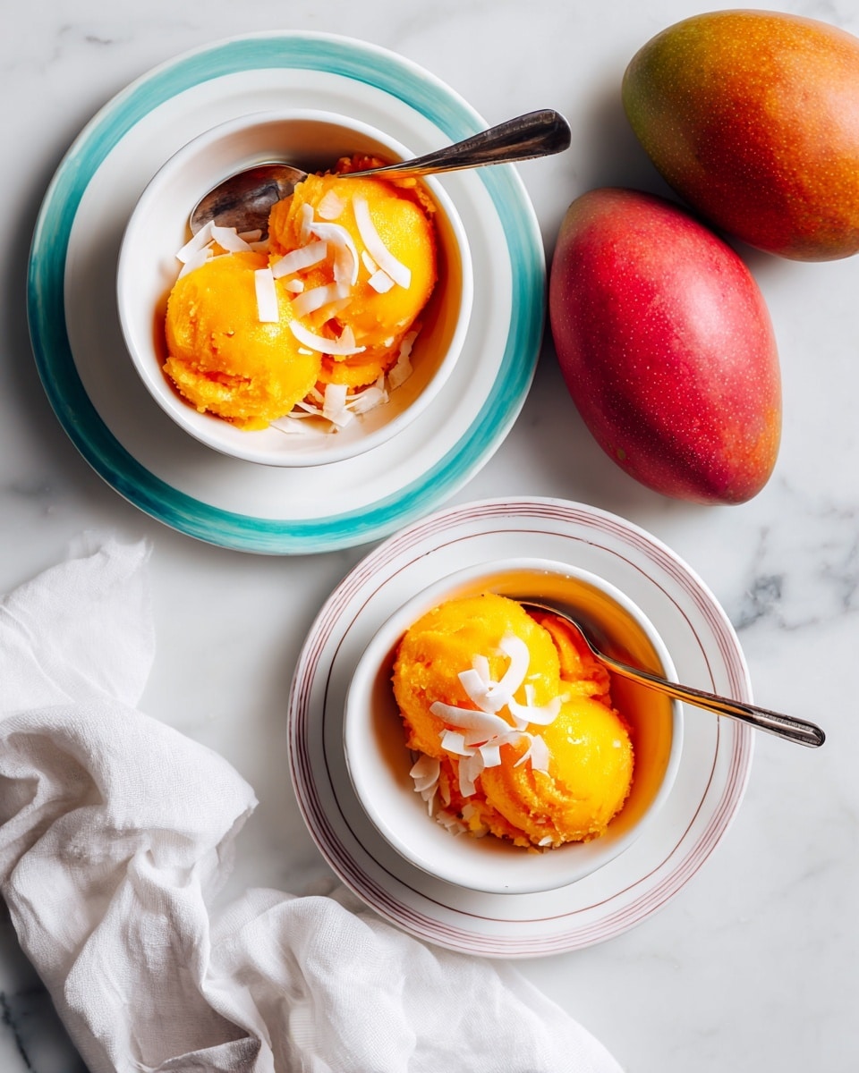 The image shows two servings of bright orange mango sorbet, each in a small white bowl placed inside a slightly larger white bowl; one is atop a white plate with a pink rim and the other on a white plate with a blue-green rim. Each sorbet scoop is smooth and rounded, topped with a small sprinkle of shredded white coconut, with a spoon resting in each small bowl. At the bottom, there is a white dish with more mango sorbet, partially scooped, with a scoop tool inside it, and two whole mangoes placed next to the dish. A soft white cloth is draped on the right side over a white marbled surface. Photo taken with an iphone --ar 4:5 --v 7
