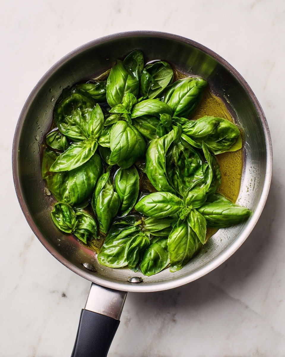 A round stainless steel pan with a black handle is shown from the top, filled with a single layer of glossy green basil leaves, some slightly wilted, resting in a thin layer of oil. The pan sits on a white marbled surface with soft natural light illuminating the scene, highlighting the texture of the leaves and the smooth metal of the pan. photo taken with an iphone --ar 4:5 --v 7