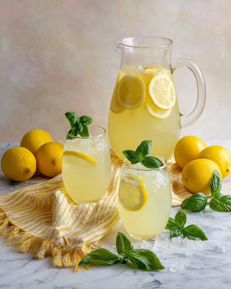 The image shows a white marbled surface with six bright yellow lemons scattered around. There are several green basil leaves placed loosely among the lemons. Near the top right, a glass pitcher filled with lemon slices and a light yellow liquid sits on the white marbled surface, partially covered by a yellow and white striped cloth. In the lower left and center, two clear glasses hold a light yellow drink with a lemon slice on top, each glass garnished with a small green basil leaf. The overall scene is bright and fresh, with a mix of yellow and green colors against the white marbled background. Photo taken with an iphone --ar 4:5 --v 7