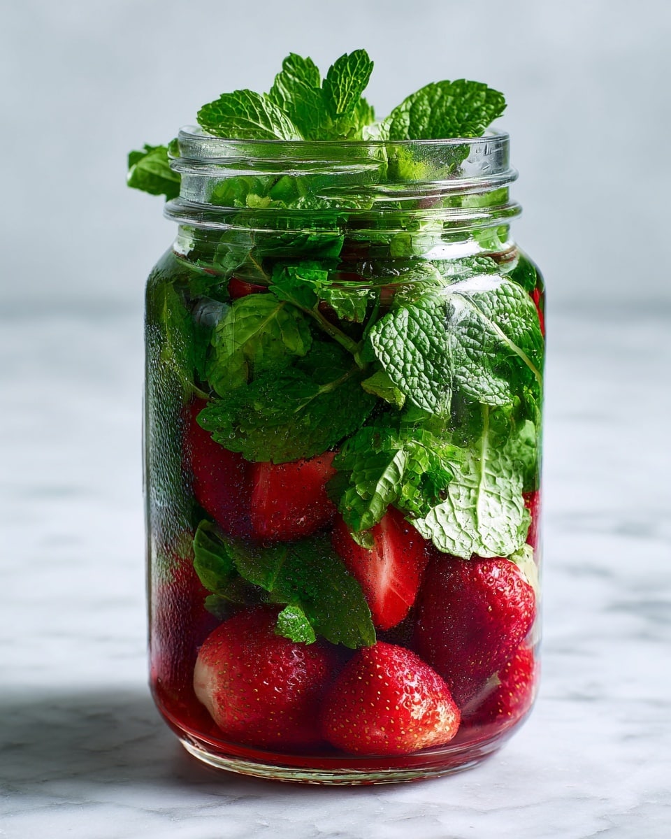 A clear glass jar stands on a white marbled surface filled with two layers of fresh ingredients. The bottom layer is packed with whole, ripe red strawberries with green leaves still attached, showing their vibrant textured surface. On top of the strawberries, a thick layer of bright green fresh mint leaves fills the jar, their textured edges and veins clearly visible. The jar is open, showing the fresh fruit and herbs inside with condensation on the glass. Photo taken with an iphone --ar 4:5 --v 7