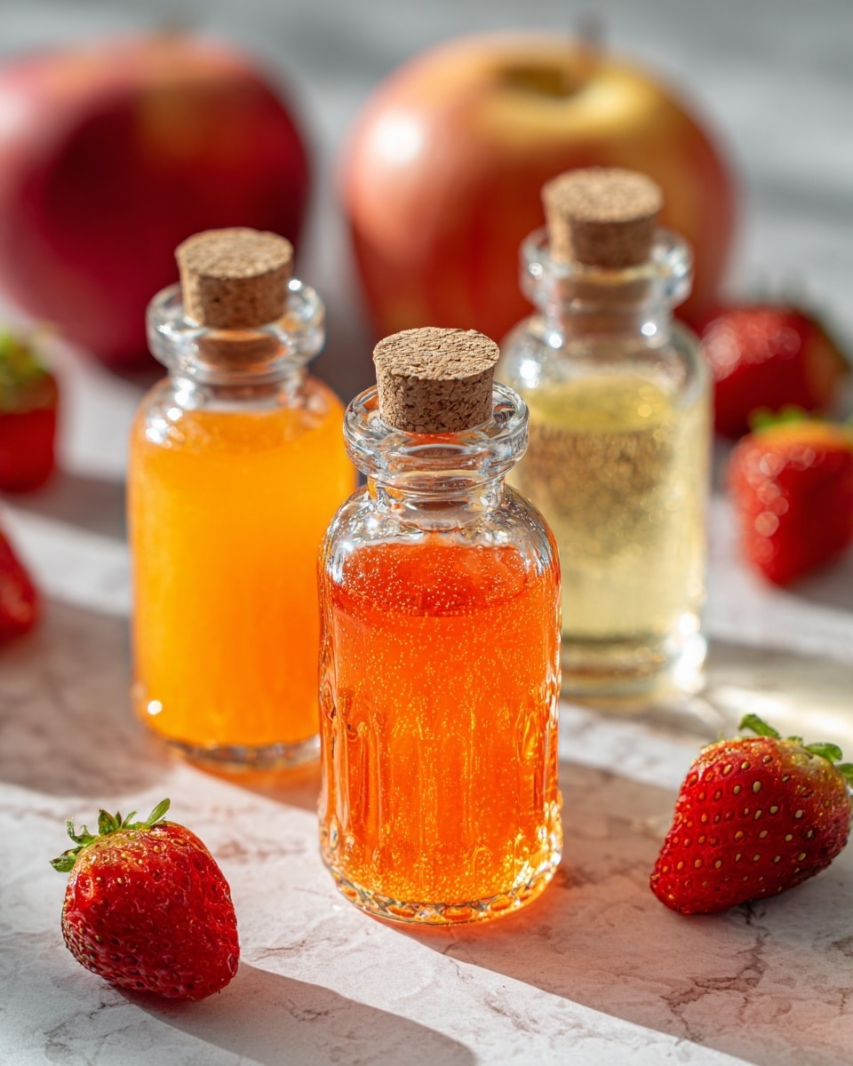 The image shows three glass bottles with cork tops on a white marbled surface. Two bottles in the front are short and round with an orange liquid inside. They have a textured design with raised patterns and dots near the base. Behind them, a taller and rounder bottle contains a pale yellow liquid. Scattered around the bottles are red strawberries with green tops and some apples with red and yellow skin. The overall scene has a clean bright look with soft natural light. photo taken with an iphone --ar 4:5 --v 7